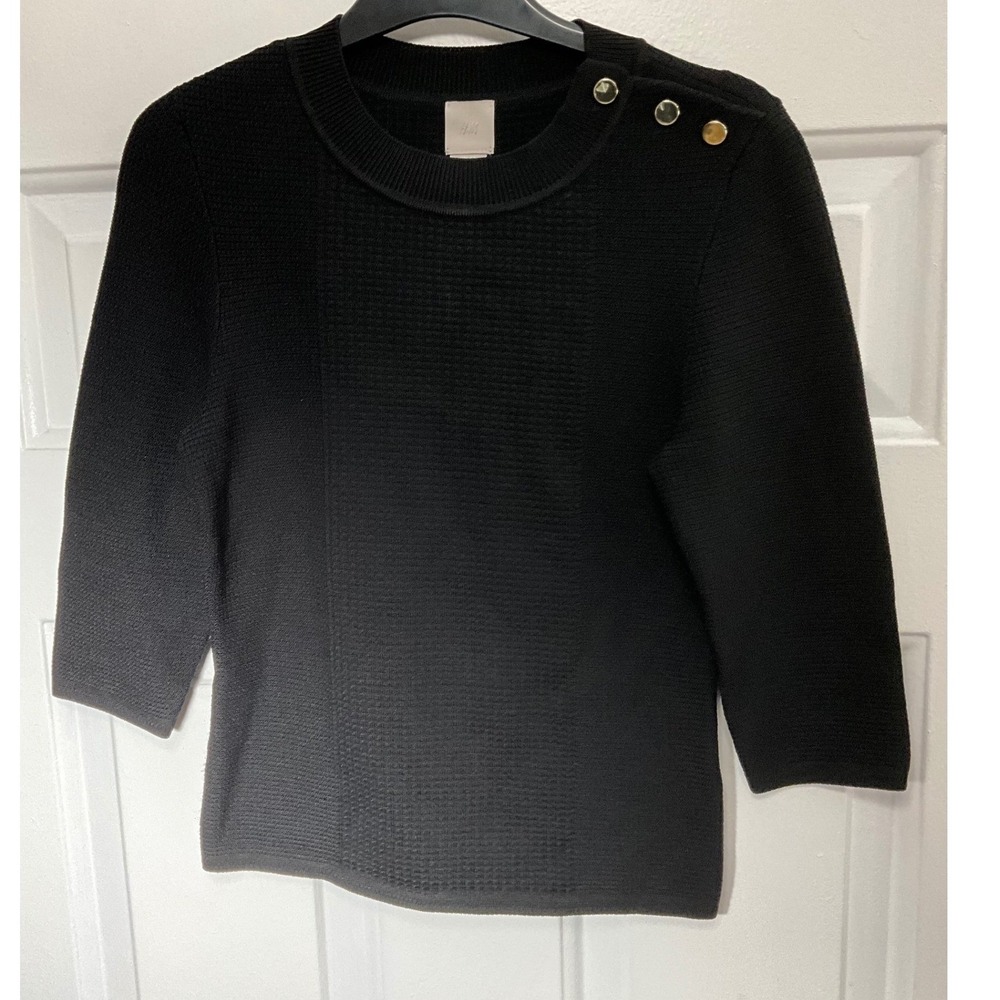 HM Women Black Textured Knit Sweater Shoulder Button 3/4 Sleeve XS Crew Neck